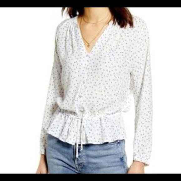 Rails Tops - RAILS white and blue dotted peplum blouse